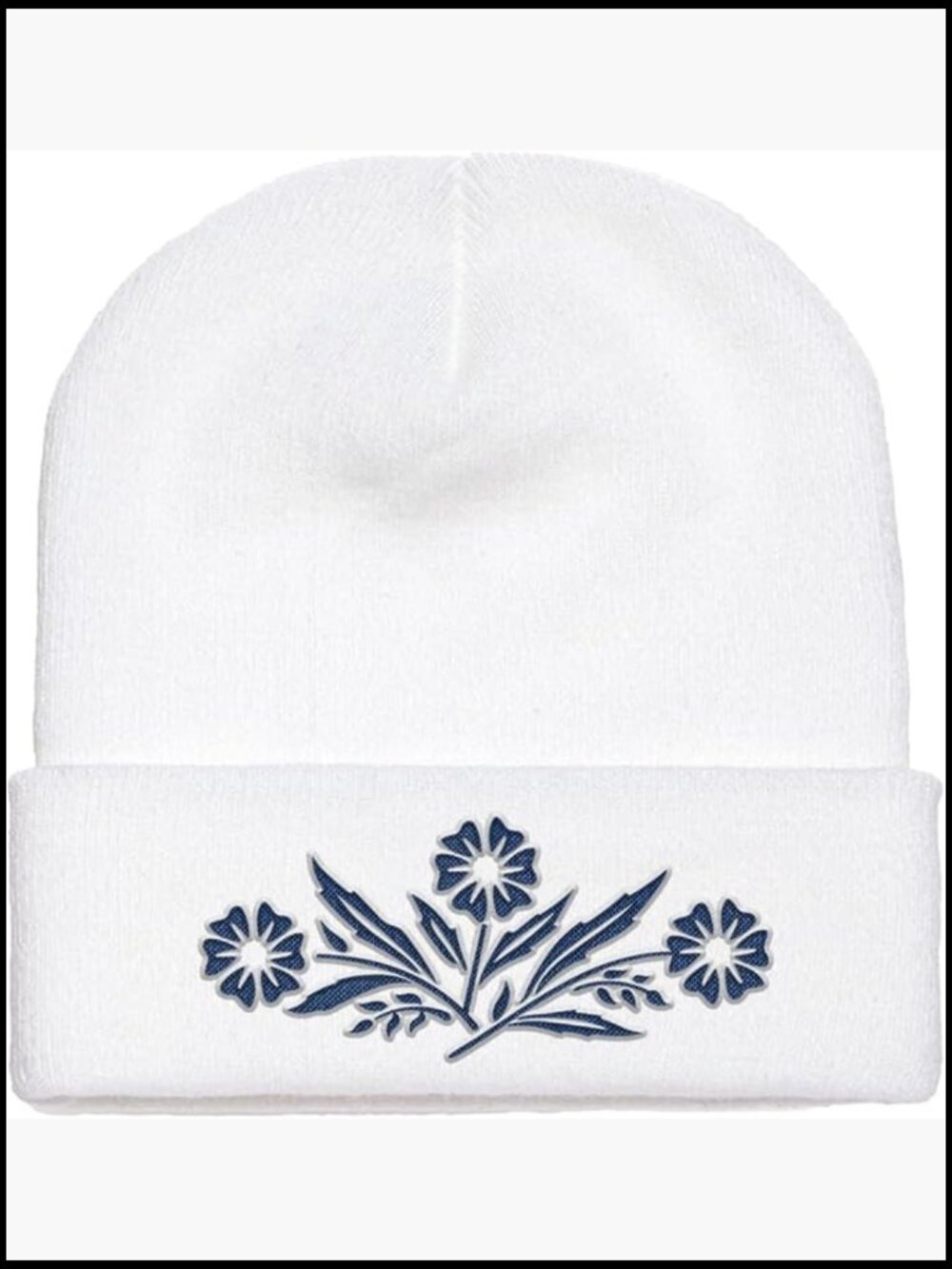 Floral White Winter Beanie with Adjustable Drawstring One Size Unisex - Picture 1 of 1
